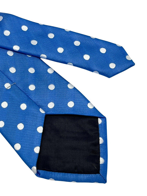 Medium electric blue tie with white polka spots